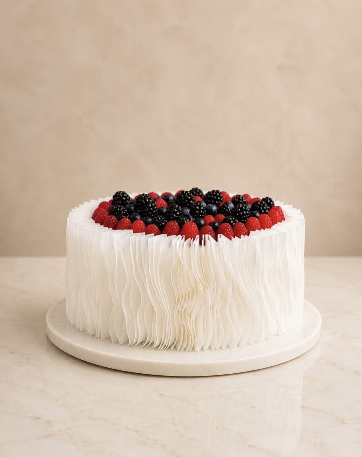 Fringe cake topped with fresh berries