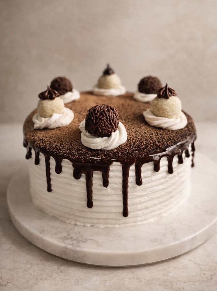 Cake with chocolate drip, cocoa dusting and brigadeiros
