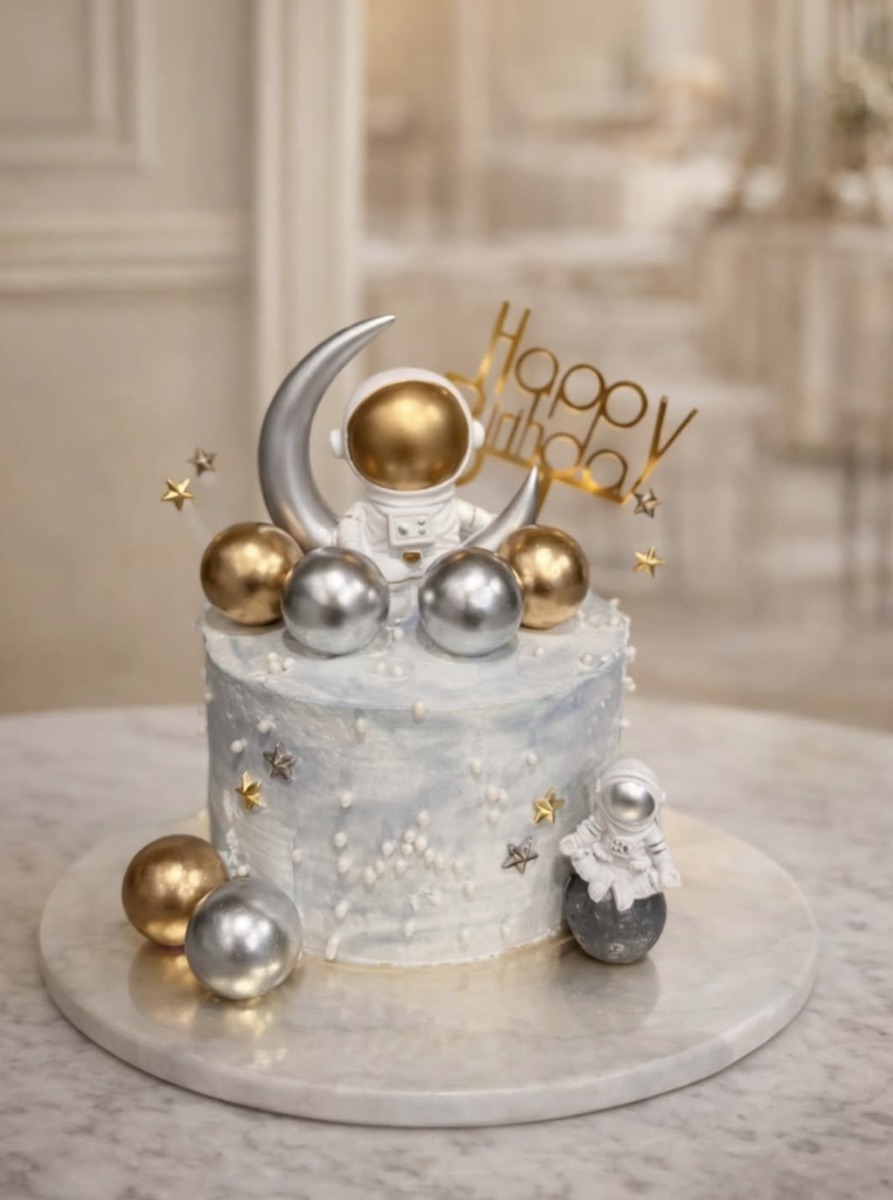 Celebration cake with astronaut and golden spheres