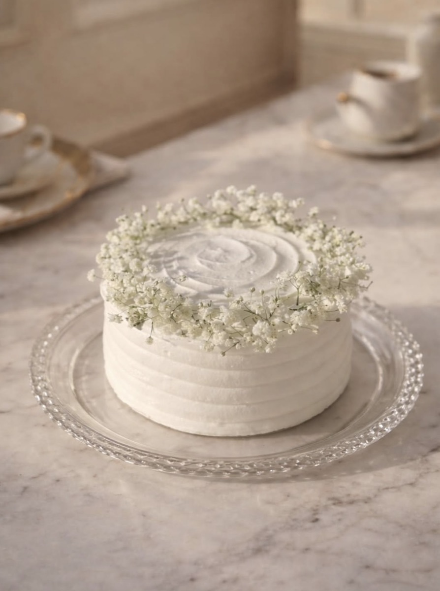 White cake crowned with fresh gypsophila flowers