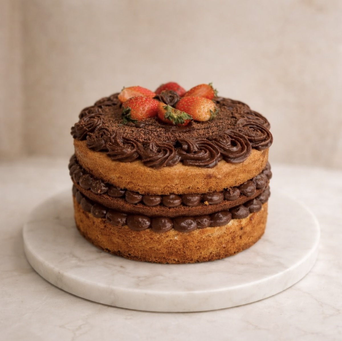 Naked cake with chocolate cream and strawberries