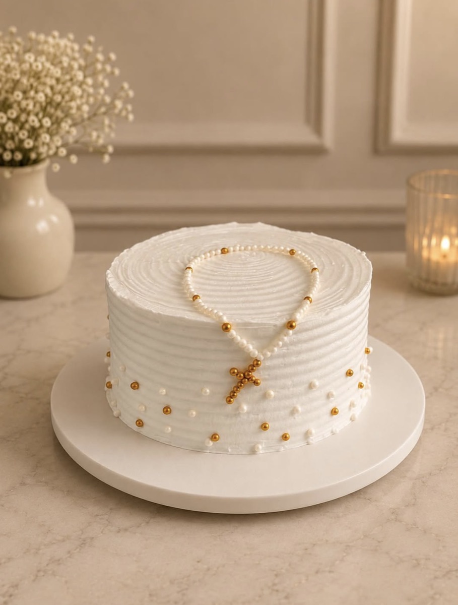 White cake with gold and pearl rosary details
